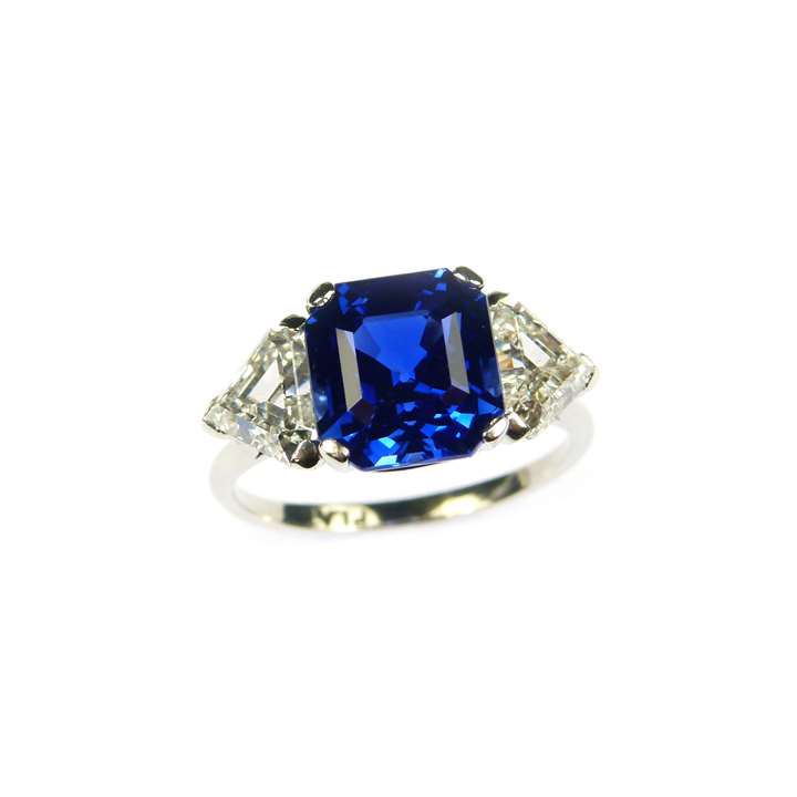 Square cut sapphire and diamond ring, the cut-corner step cut Ceylon sapphire 5.50ct